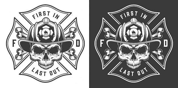 Vintage firefighter labels concept with letterings crossed axes fireman skull in helmet illustration