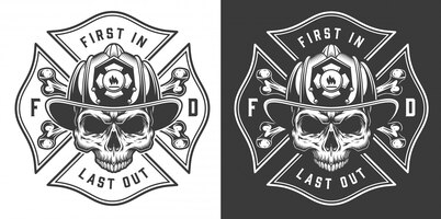 Vintage firefighter labels concept with letterings crossed axes fireman skull in helmet illustration