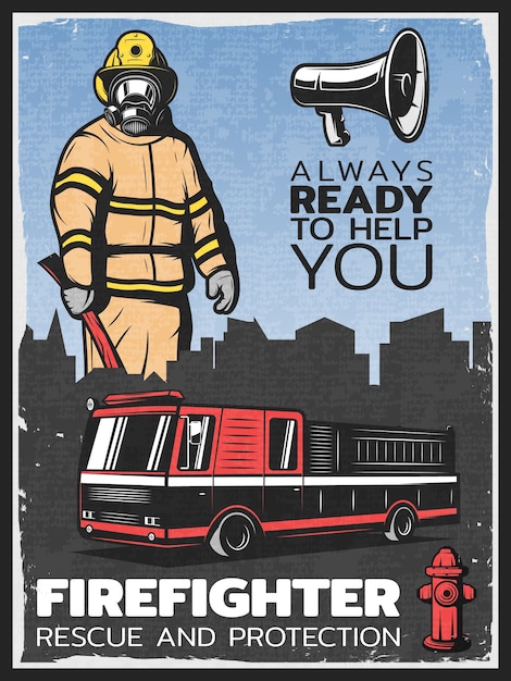 Vintage firefighting colorful illustration