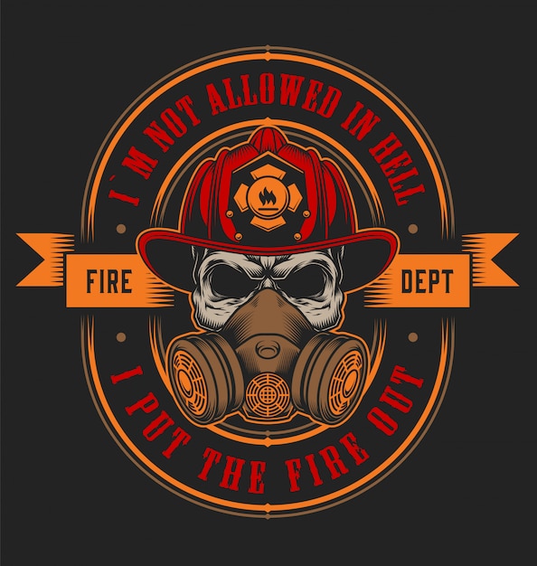 Vintage firefighting emblem concept with skull in fireman helmet illustration