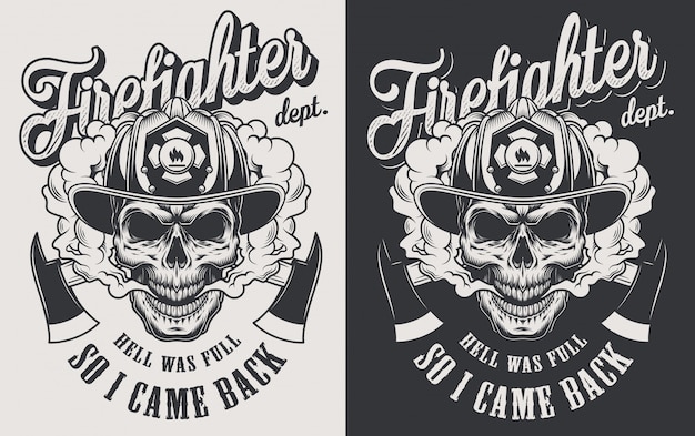 Free Vector vintage firefighting logotype concept with crossed axes and skull wearing fireman helmet in monochrome style illustration