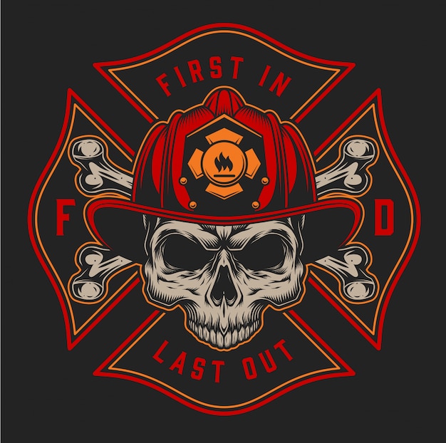 Free vector vintage fireman colorful print with inscriptions axes and skull in firefighter helmet on black background illustration