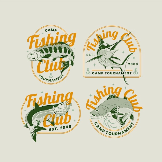 Collezione vintage di badge da pesca