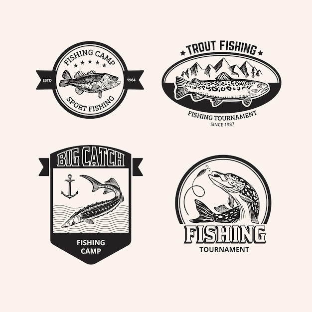 Free vector vintage fishing badges pack