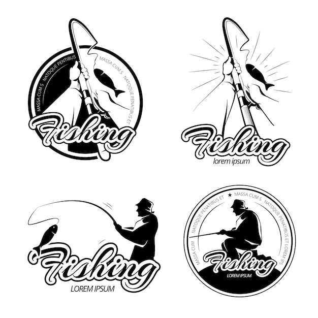 Винтажные рыболовные векторные логотипы, эмблемы, набор наклеек. Рыболовная этикетка, эмблема рыбалки, значок рыбалки, иллюстрация рыбалки