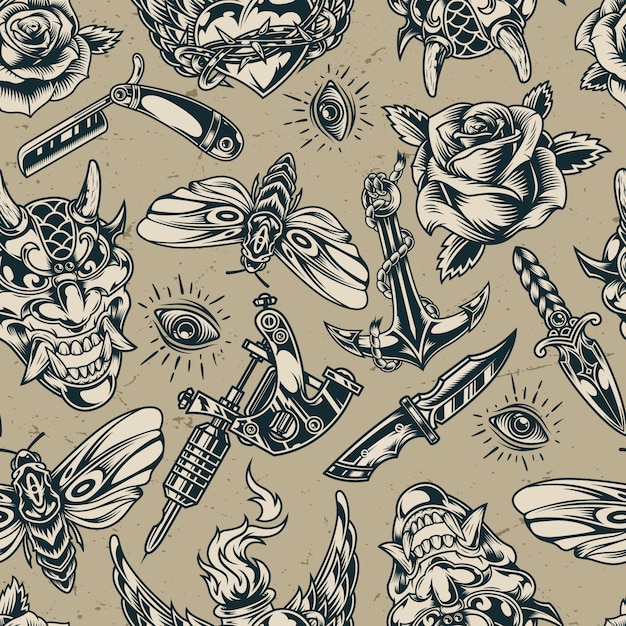 Vintage flash tattoos monochrome seamless pattern