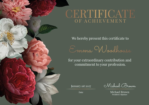 Vintage floral certificate template  in luxury style