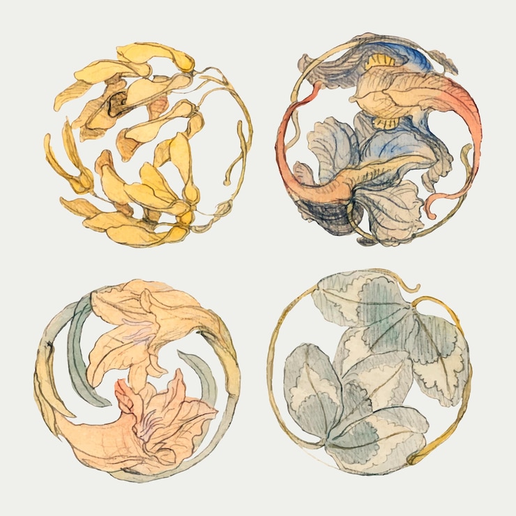 Free Vector vintage floral element  hand drawn style set, remixed from artworks by samuel colman