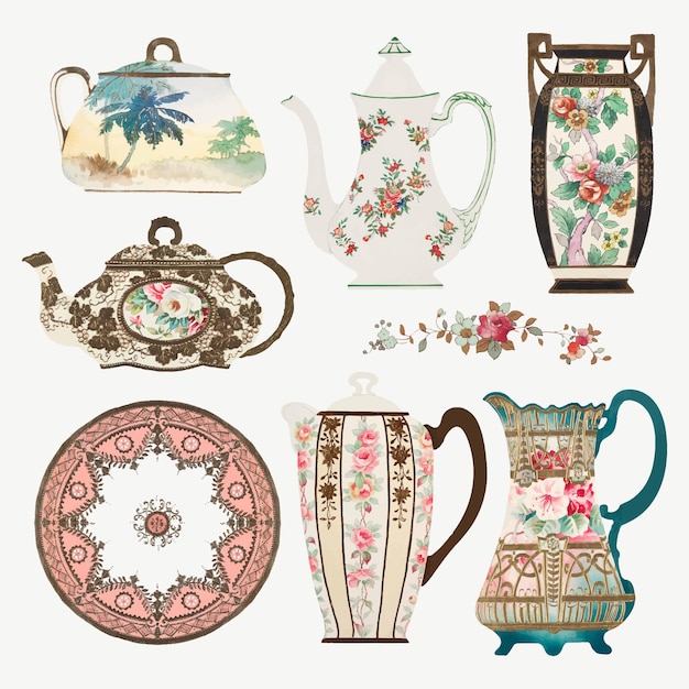 Set vettoriale di stoviglie con motivo floreale vintage, remixato dal design in porcellana cinese della fabbrica noritake