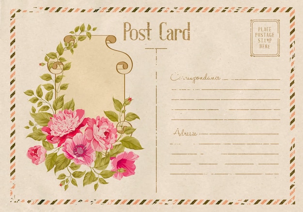 Vintage floral postcard with roses frame. vector illustration.