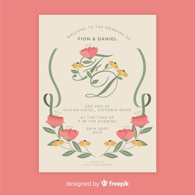 Free vector vintage floral wedding invitation template