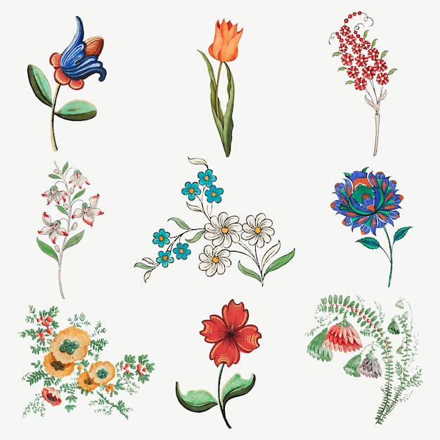 Vintage flower illustration vector set, featuring public domain artworks
