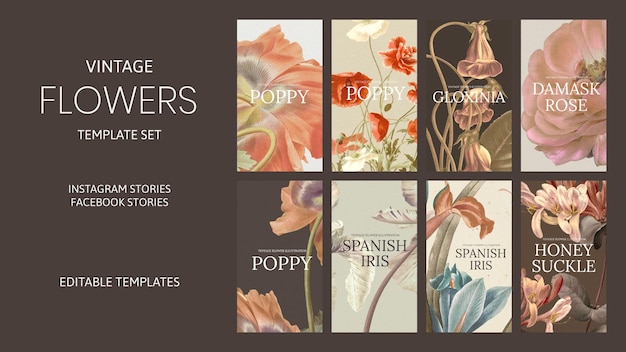 Vintage flower vector template set, remixed from public domain artworks