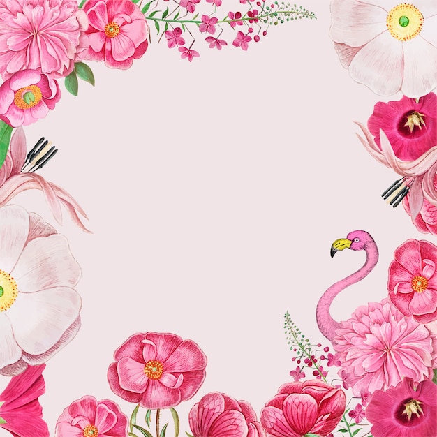 Vintage flowers and pink flamingo border frame vector