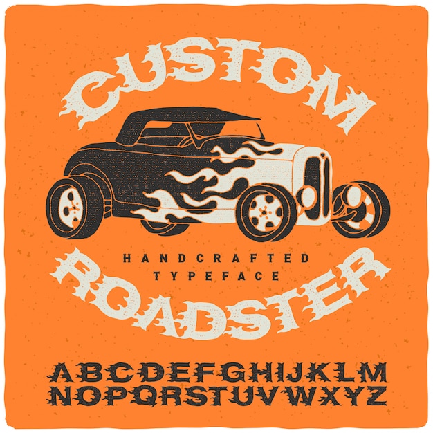 Vintage font set with roadser illustration