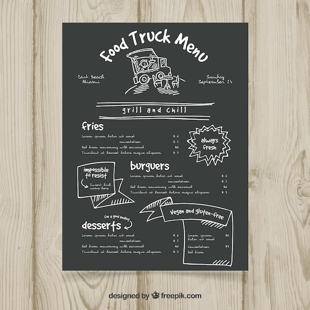 Free vector vintage food truck menu on blackboard