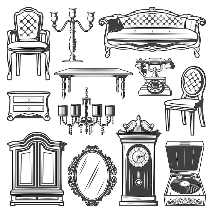 Free Vector vintage furniture elements set with chair sofa chandelier candlestick nightstand cabinet table mirror