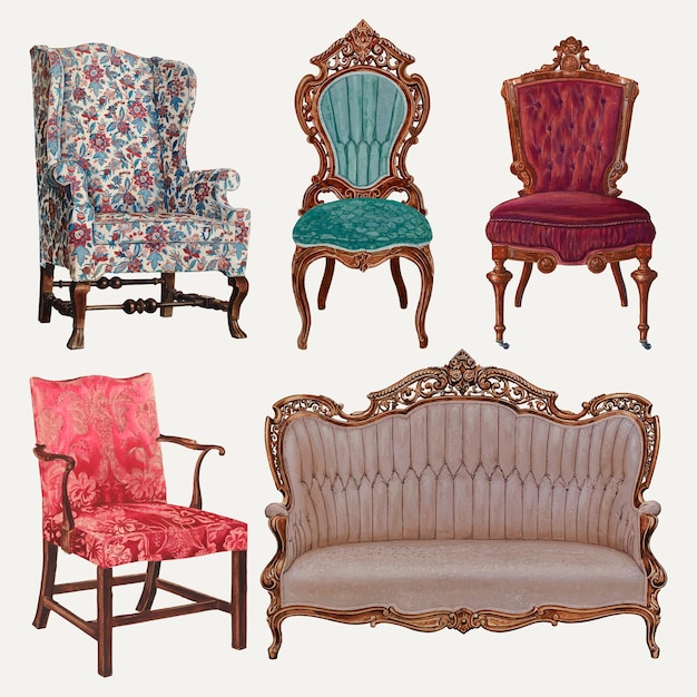 Vintage furniture illustration vector set, remixed from public domain collection