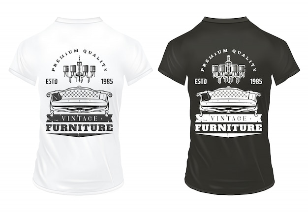 Vintage furniture prints template with inscriptions retro sofa chandelier on black and white shirts