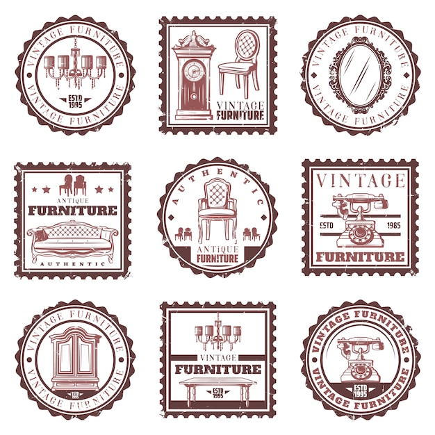 Free vector vintage furniture stamps set with retro sofa chandelier chair clocks mirror telephone cabinet table