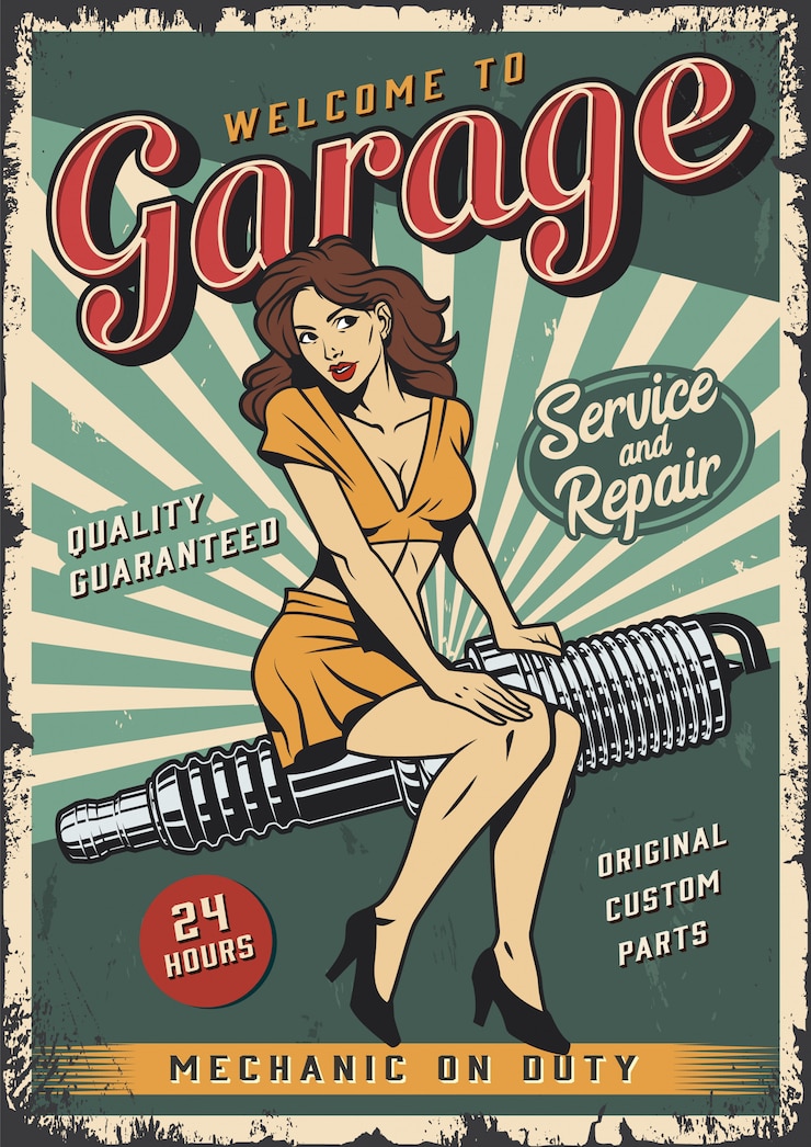Free Vector vintage garage service poster template with pin up girl