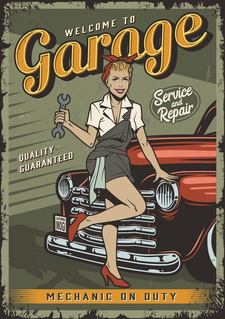 Vintage garage service poster template with pin up mechanic girl