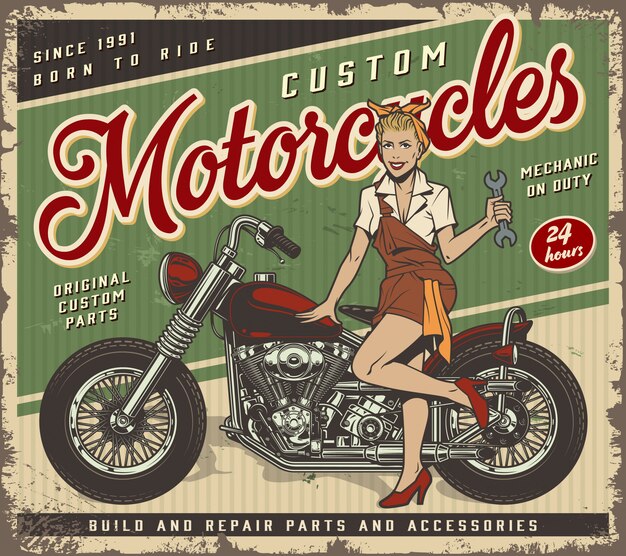 Vintage Garage Service Poster Template With Pin Up Mechanic Girl