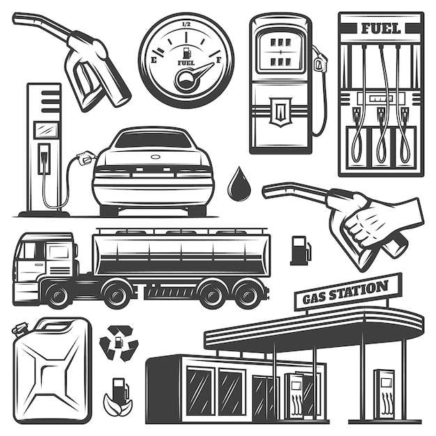 Vintage gas station icons collection with building canister car refilling petrol gauge truck fuel pump nozzles isolated