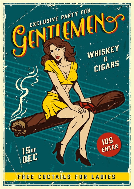 Vintage gentlemen party poster with pin up girl