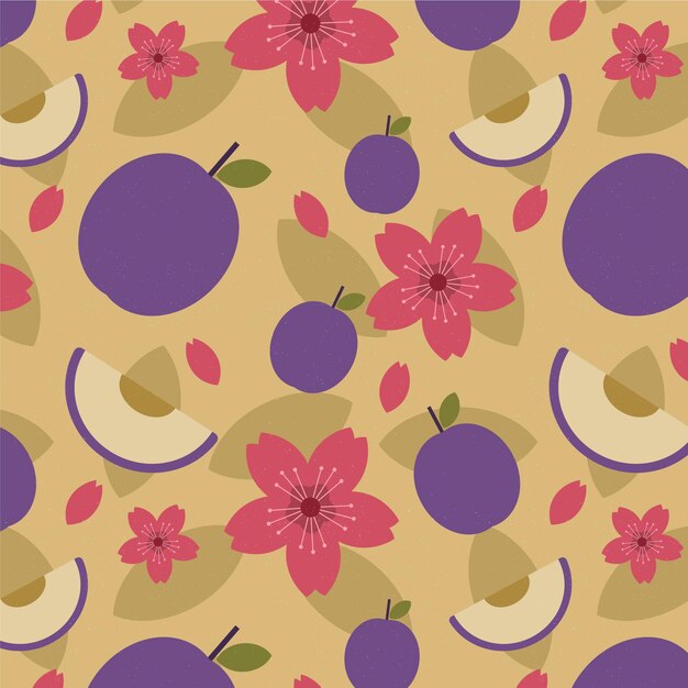 Vintage geometric plum fruit and flowers pattern