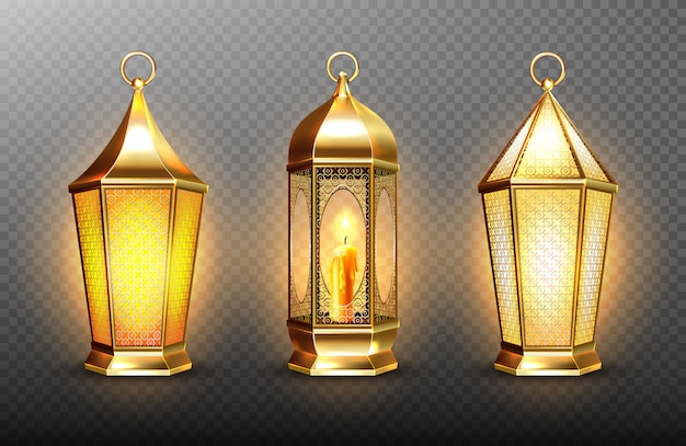 Free vector vintage gold arabic lanterns with glowing candles. realistic set of hanging luminous lamps with golden arabian ornament. islamic shining fanous isolated on transparent background