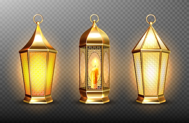 Vintage gold arabic lanterns with glowing candles. realistic set of hanging luminous lamps with golden arabian ornament. Islamic shining fanous isolated on transparent background