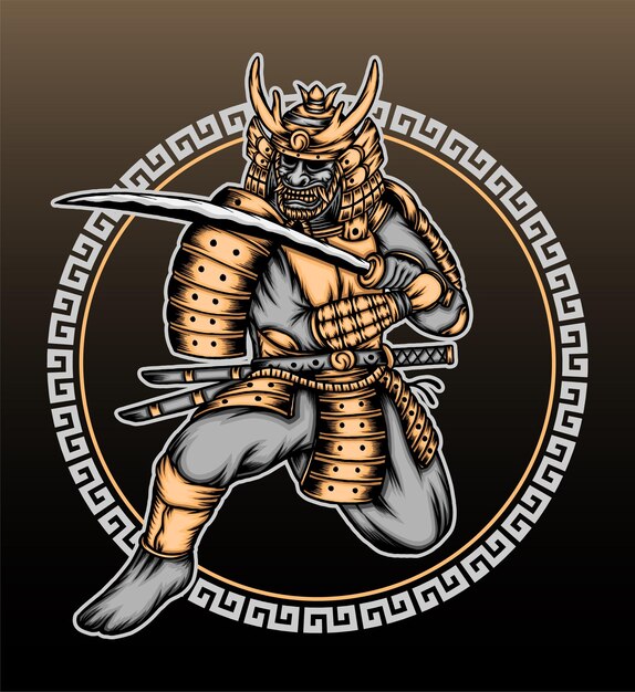 ヴィンテージゴールド侍戦士イラスト プレミアムベクター