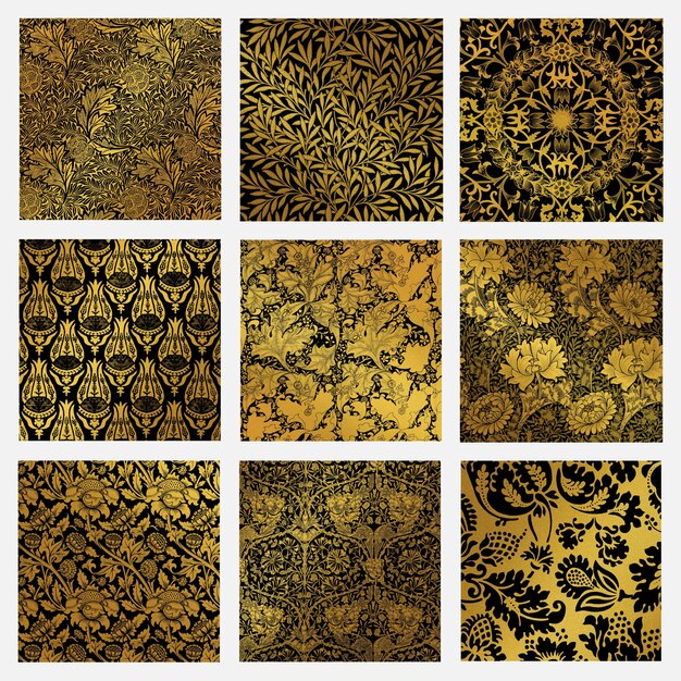 William Morris의 작품에서 빈티지 황금 식물 패턴 벡터 세트 리믹스