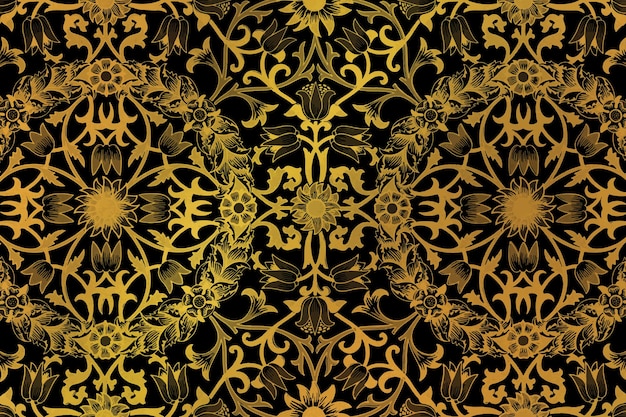ウィリアムモリスによるアートワークからヴィンテージ黄金の花の背景のリミックス