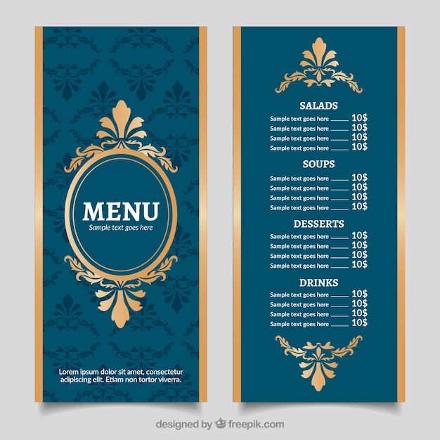 Free vector vintage golden menu template with baroque style