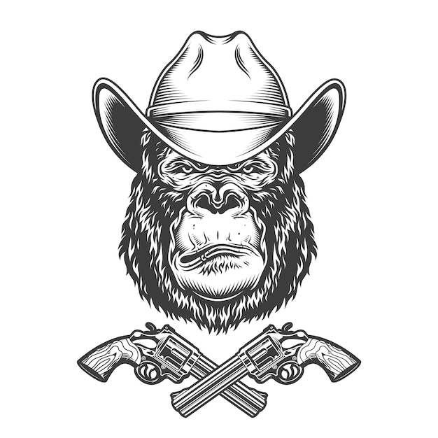 Free vector vintage gorilla head in cowboy hat