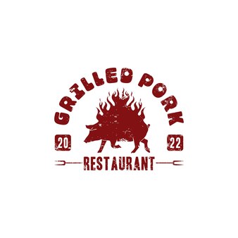 Vintage grunge burnt pig logo for restaurant grilled pork smoked pork