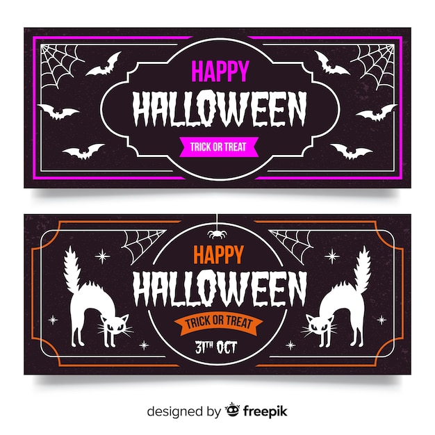 Vettore gratuito banner di halloween vintage con pipistrello e gatto nero