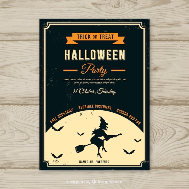 Vintage halloween party poster with witch and moon