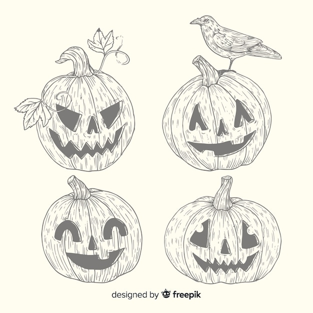 Free vector vintage halloween pumpkin collection in pencil