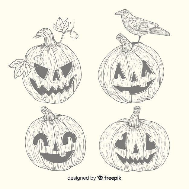 Free Vector vintage halloween pumpkin collection in pencil