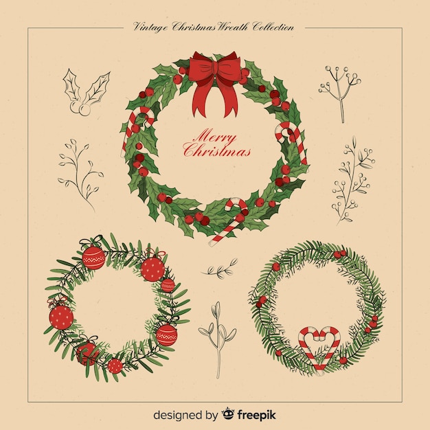 Vintage hand drawn christmas wreath set