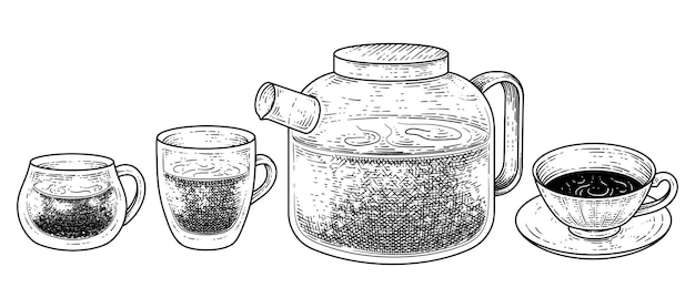 Урожай рисованной украшения чайный сервиз. Чашка, стакан, кружка и чайник эскиз векторные иллюстрации
