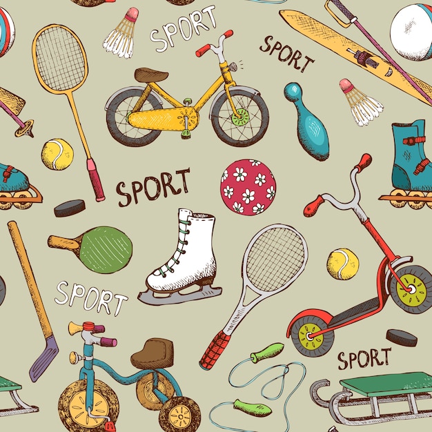 Free vector vintage hand drawn sports and action games seamless pattern