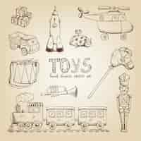 Free vector vintage hand drawn toys set: train drum soldier trumpet