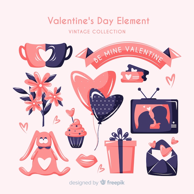 Free Vector vintage hand drawn valentine elements pack