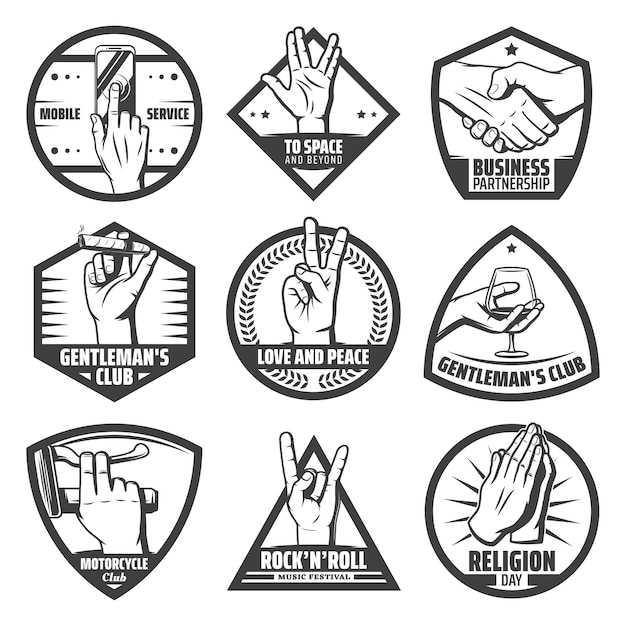 Vintage hands labels set with mobile touch handshake greeting salute rock goat peace praying instrument cigaro wineglass hold gestures isolated 