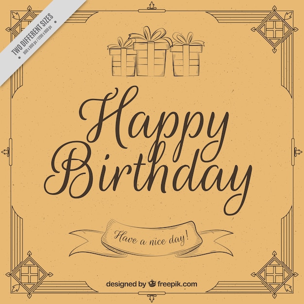 Vintage happy birthday background with sketches of gifts and ornaments