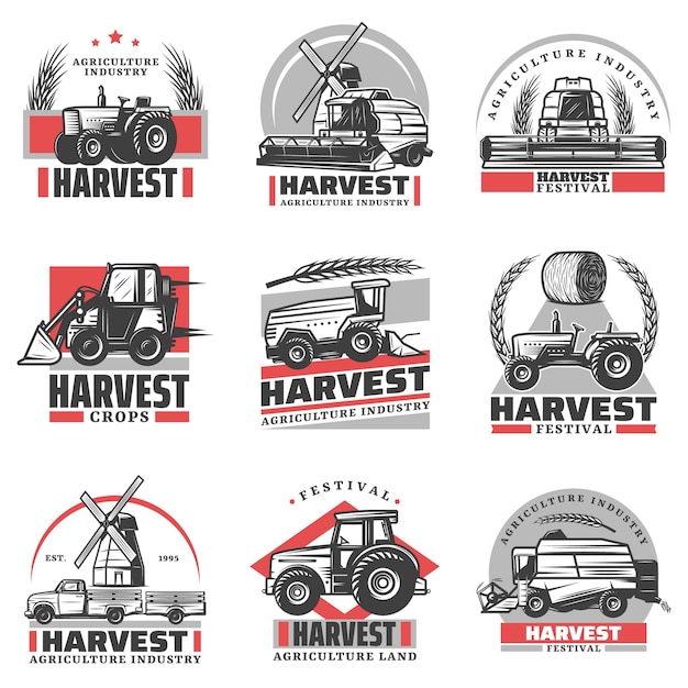 Vintage harvesting emblems set with inscriptions tractors combine harvester loader truck hay bale wheat ears windmill isolated